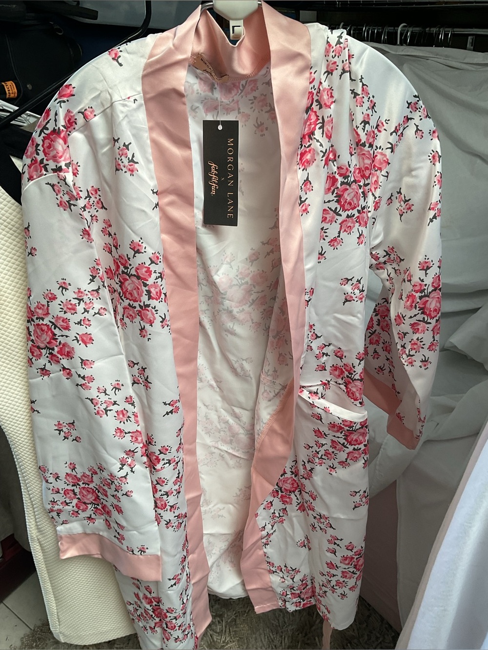 Morgan Lane White Satin Floral Robe Jacket with Pink Trim